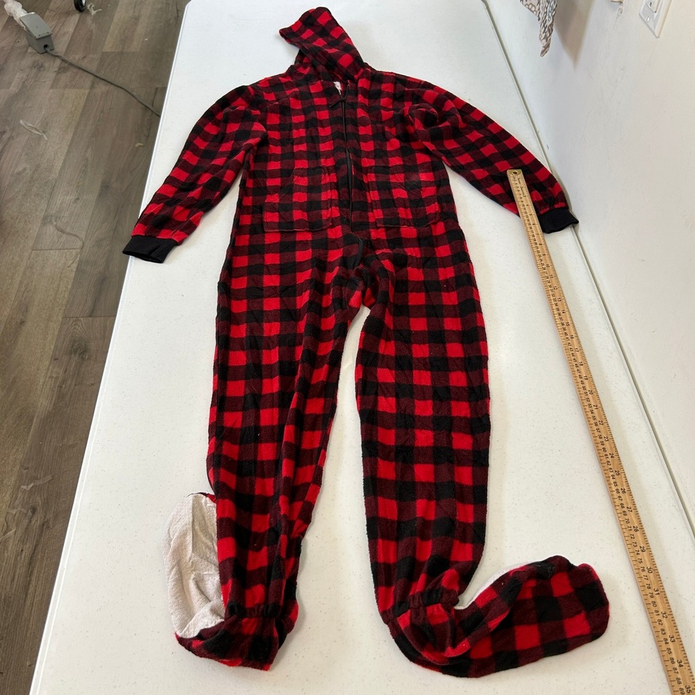 Big Feet Pajama Co Red Black Buffalo Plaid Fleece Hooded Footed Sleeper 14/16